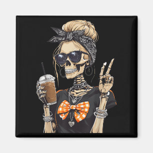 Skeleton Girl Drinking Coffee Peace Sign Graphic F Magnet