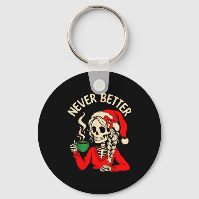 Skeleton Girl Santa Drinking Coffee Xmas Funny Sku Schlüsselanhänger (Vorderseite)