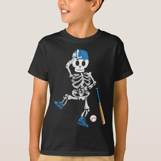 Skeleton Halloween Vintag Baseball Playing T-Shirt (Vorderseite)
