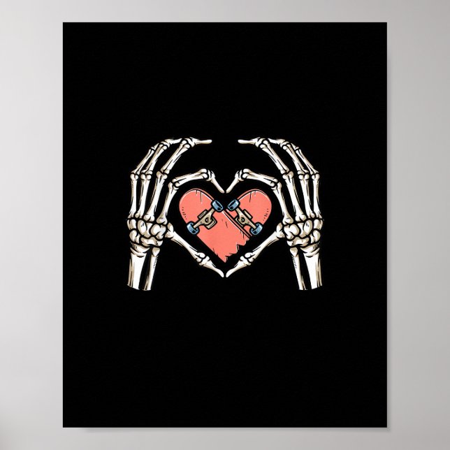 Skeleton Hand Heart Skateboard Valentinstag Funn Poster (Vorne)