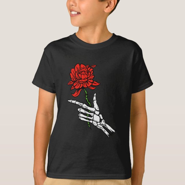 Skeleton Hand Holding A Red Rose  T-Shirt (Vorderseite)