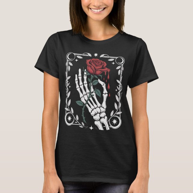Skeleton Hand Holding Rose Gothic T-Shirt for Dark (Vorderseite)