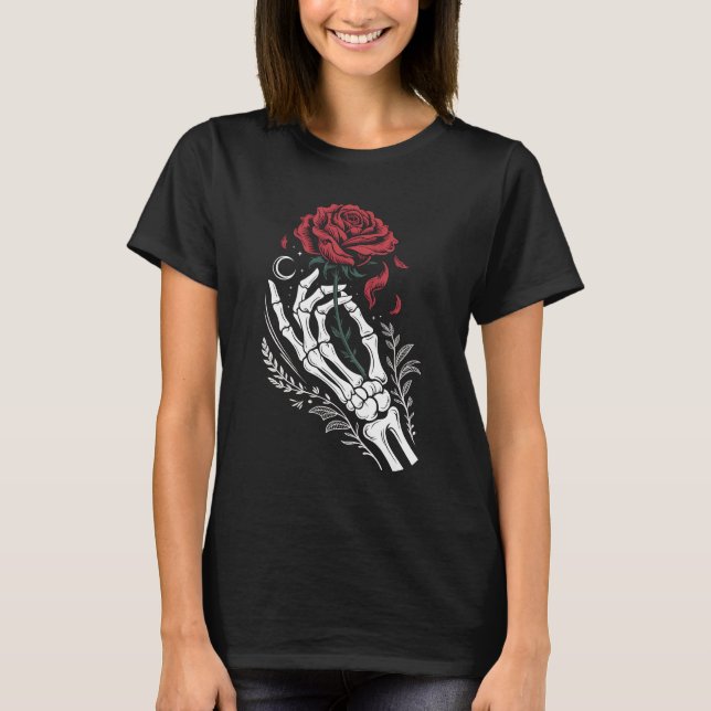 Skeleton Hand Holding Rose Gothic T-Shirt for Dark (Devant)