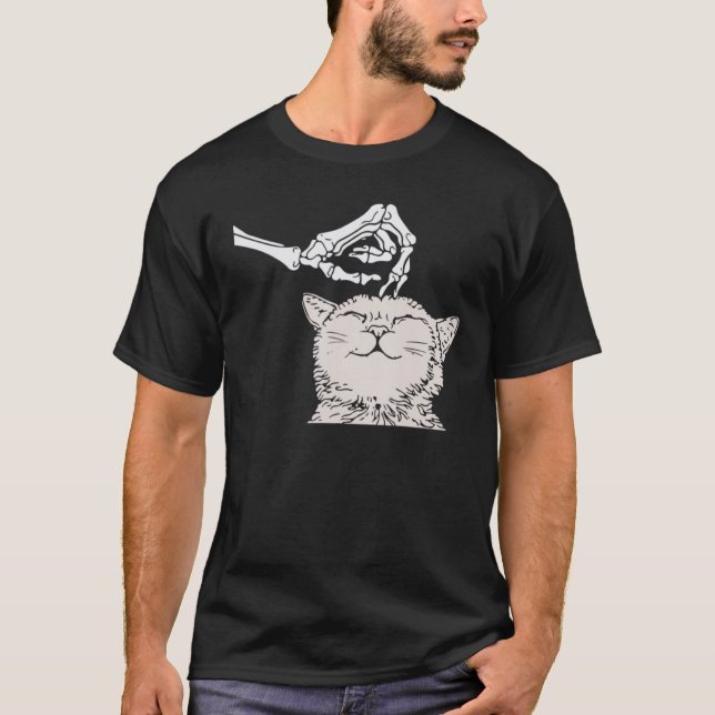 Skeleton Hand Petting Cats Head Funny Cute Graphic T-Shirt (Vorderseite)