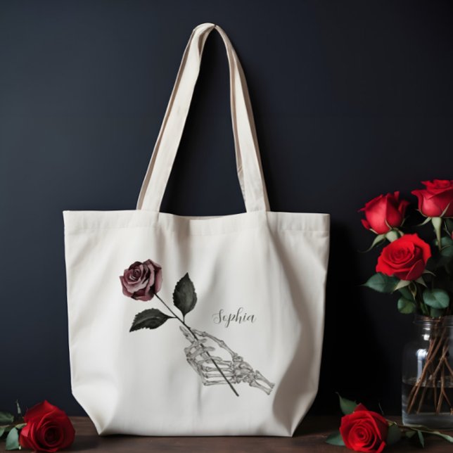 Skeleton Hand Rose Gothic Halloween Individuelle N Tragetasche (Watercolor Skeleton Head Gothic Custom Monogram Tote Bag)