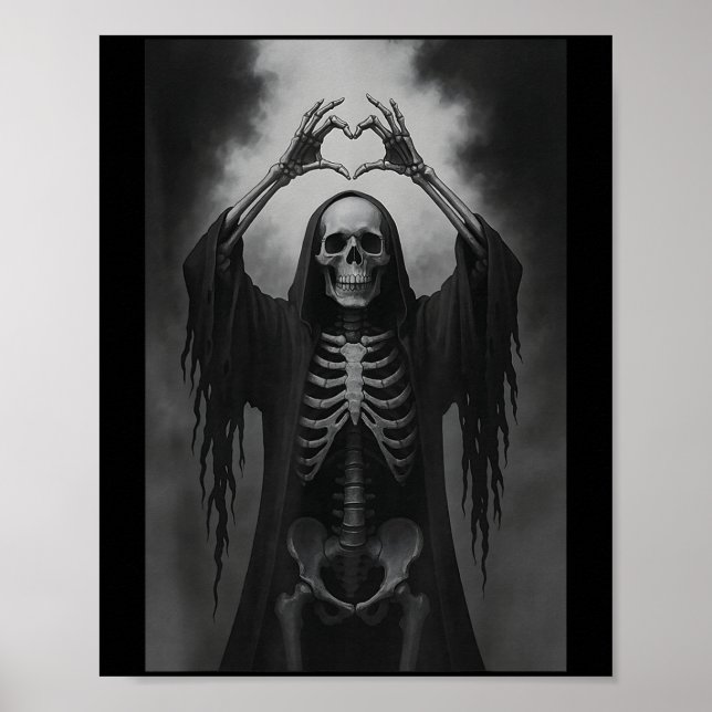 Skeleton Hands Heart Sign Scary Face Funny Hallowe Poster (Vorne)