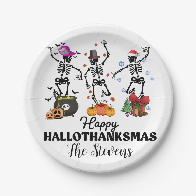 Skeleton Happy Hallothanksmas Pappteller (Vorderseite)