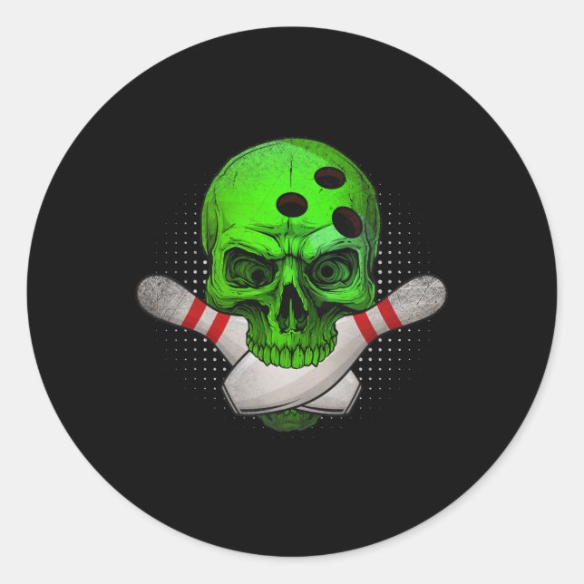 Skeleton Head Skull Bowling Ball und Buttone Happy Runder Aufkleber (Vorderseite)