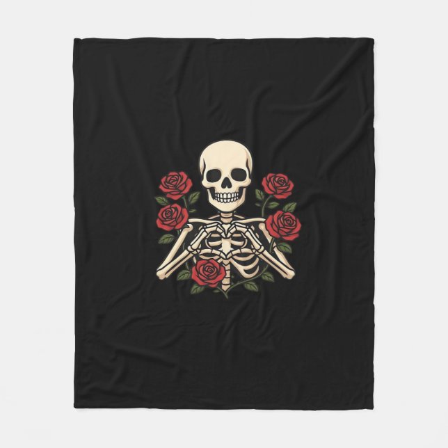 Skeleton Herzhandschuhe mit Rote Rosen - Romantisc Fleecedecke (Vorderseite)