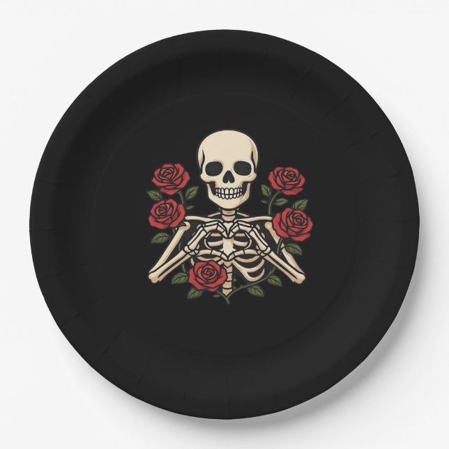 Skeleton Herzhandschuhe mit Rote Rosen - Romantisc Pappteller (Vorderseite)