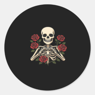 Skeleton Herzhandschuhe mit Rote Rosen - Romantisc Runder Aufkleber