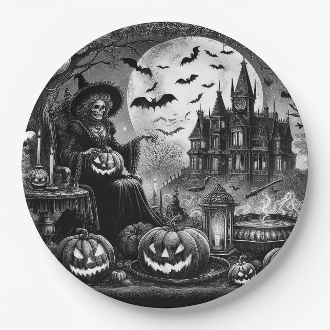 Skeleton Hexch Pumpkin Pappteller (Vorderseite)