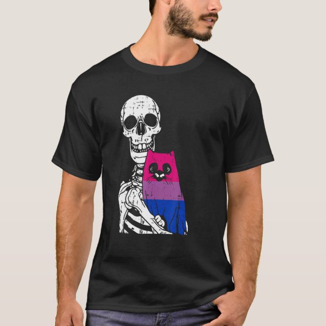 Skeleton Holding A Cat Bisexual LGBT-Q Pride Rainb T-Shirt (Vorderseite)