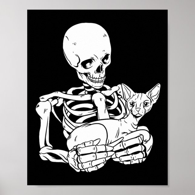 Skeleton Holding Cat Funny Halloween Skull Sphynx Poster (Vorne)