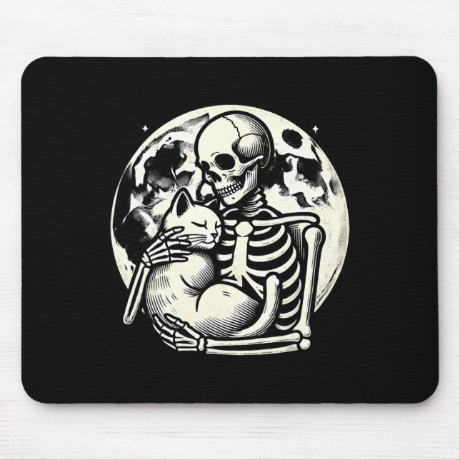 Skeleton Holding Cat Spooky Skull Halloween Gothic Mousepad (Vorne)