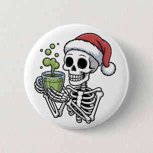Skeleton Holding Matcha Drink Weberei Weihnachtsma Button