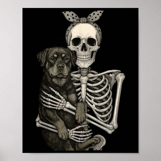 Skeleton Holding Rottweiler Dog Funny Lazy Hallowe Poster (Vorne)