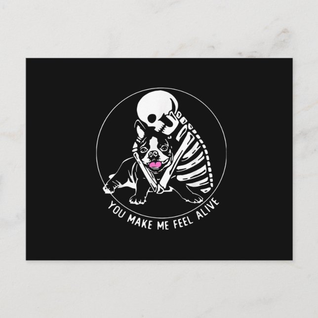 SKELETON HUG BOSTON TERRIER, DASS SIE MIR LEBEN ANKÜNDIGUNGSPOSTKARTE (Vorderseite)