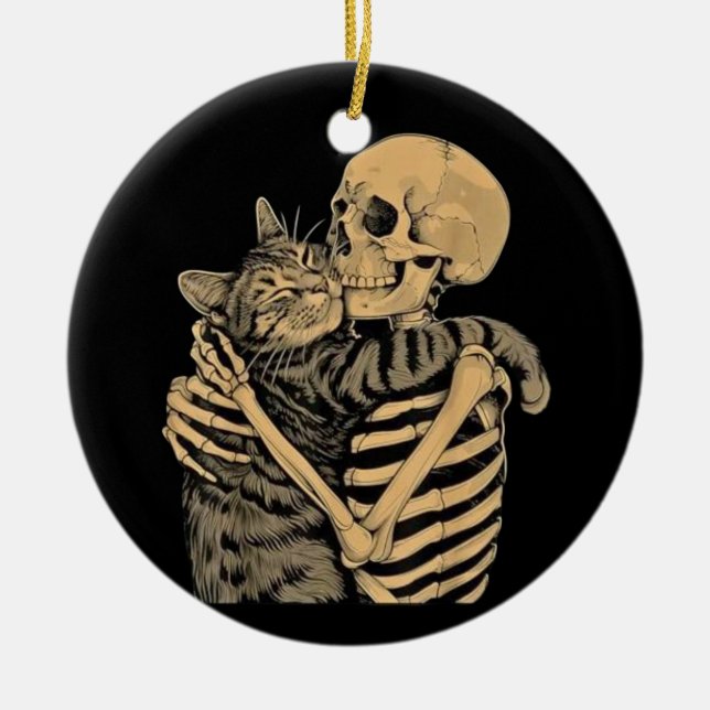  Skeleton Hugging Cat – Cute Gothic Cat Lover Gift Keramik Ornament (Vorne)