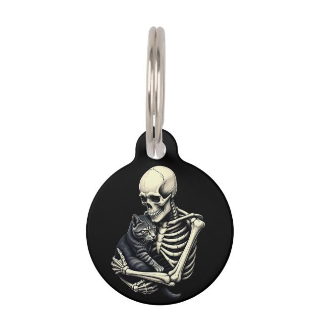 Skeleton Hugging Cat Funny Halloween Cat Lover Haustiermarke (Vorderseite)