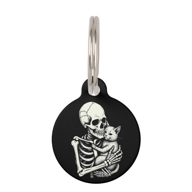 Skeleton Hugging Cat Funny Halloween Cat Lover Haustiermarke (Vorderseite)