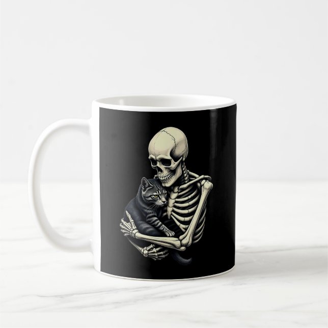 Skeleton Hugging Cat Funny Halloween Cat Lover Kaffeetasse (Links)