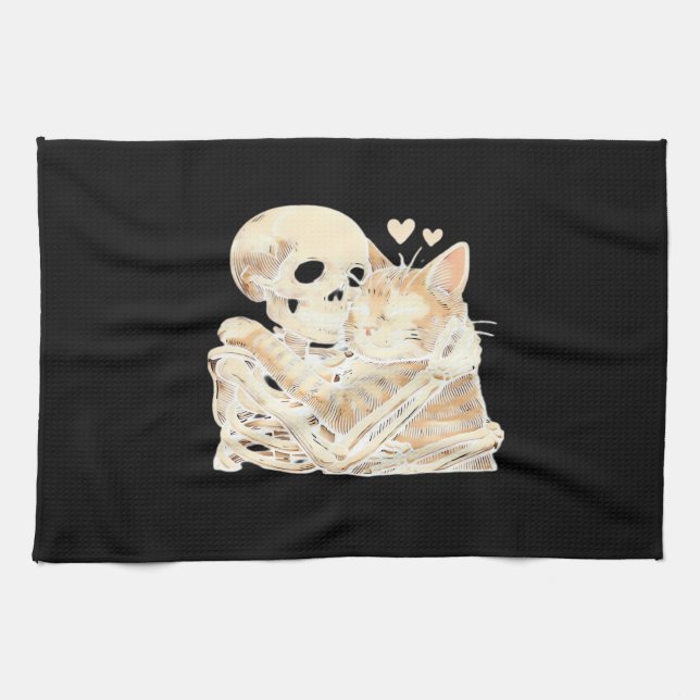 Skeleton Hugging Cat Halloween Cat Lover Cat Mom D Geschirrtuch (Horizontal)