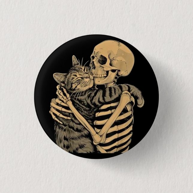 Skeleton Hugging Cat - Niedliches Gothic Cat Lover Button (Vorderseite)