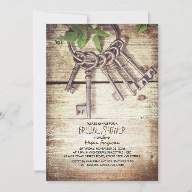 Skeleton Keys Rustic Bridal Shower Einladungen (Vorderseite)