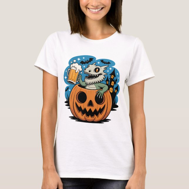 Skeleton Lizard in Pumpkin mit Bier-Tasse T-Shirt (Vorderseite)
