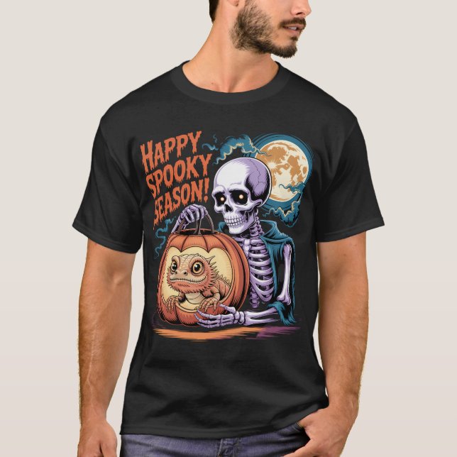 Skeleton & Lizard Pumpkin Halloween Art T-Shirt (Vorderseite)