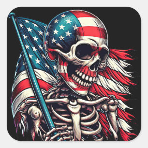 Skeleton Man Tattered American USA Flag patriotisc Quadratischer Aufkleber