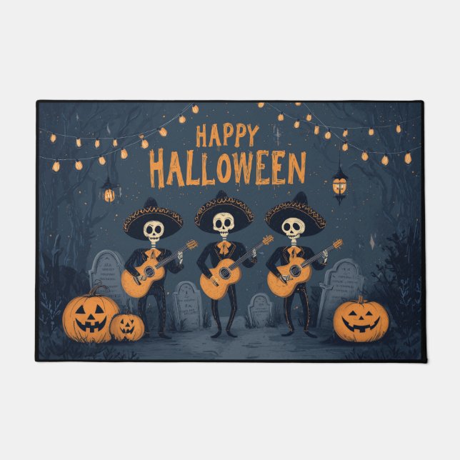 Skeleton Mariachi Band Happy Halloween Fußmatte (Vorderseite)