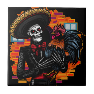 Skeleton Mariachi mit Rooster Fliese
