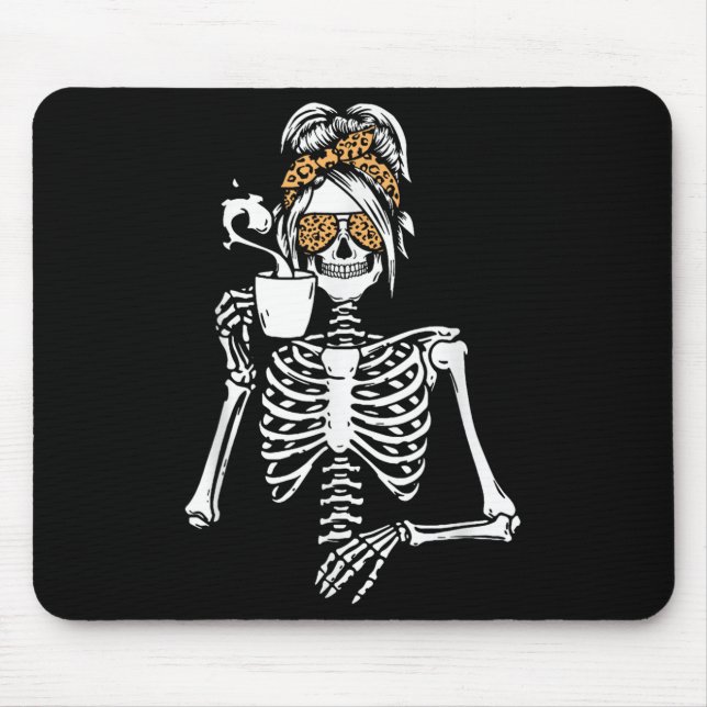 Skeleton Messy Bun Coffee Drinking Halloween Costu Mousepad (Vorne)