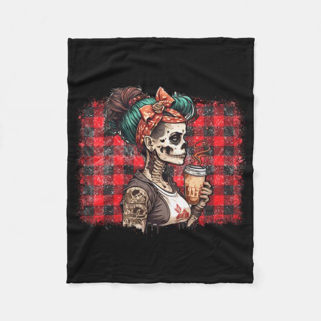 Skeleton Messy Bun Coffee Mama Kostüme Fleecedecke (Vorderseite)