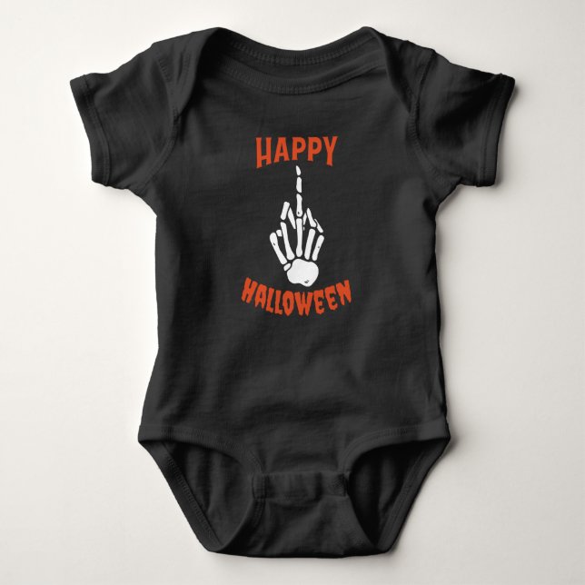 Skeleton Middle Finger Happy Halloween Baby Strampler (Vorderseite)