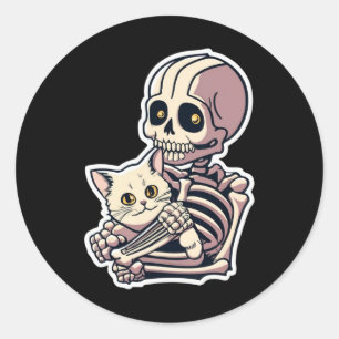 Skeleton mit einem katzenartigen Shirt, ein katzen Runder Aufkleber