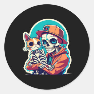 Skeleton mit einem katzenartigen Shirt, ein katzen Runder Aufkleber