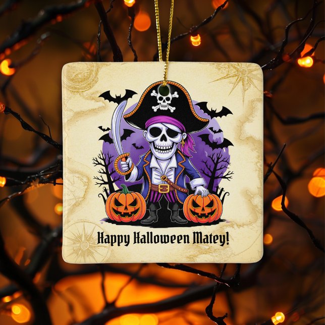 Skeleton Pirate Happy Halloween Matey Keramikornament (Von Creator hochgeladen)