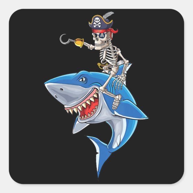 Skeleton Pirate Riding Hai Niedlich Boys Halloween Quadratischer Aufkleber (Vorderseite)