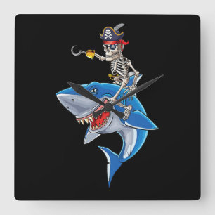 Skeleton Pirate Riding Shark Cute Boys Halloween Quadratische Wanduhr