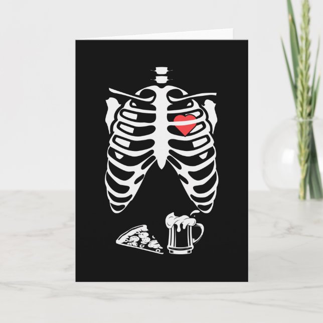 Skeleton Pizza Beer Funny Halloween Karte (Vorderseite)