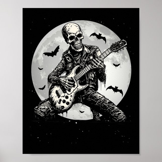Skeleton Playing Gitarre Punk Rock Musik Halloween Poster (Vorne)