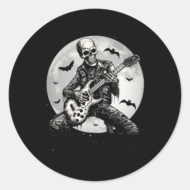 Skeleton Playing Gitarre Punk Rock Musik Halloween Runder Aufkleber (Vorderseite)