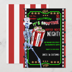 Skeleton Popcorn Eyeballs Halloween Movie Night Einladung