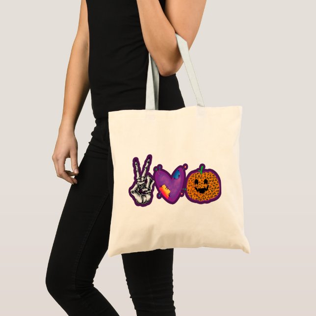 Skeleton Pumpkin Peace Liebe Halloween Tragetasche (Vorderseite (Produkt))