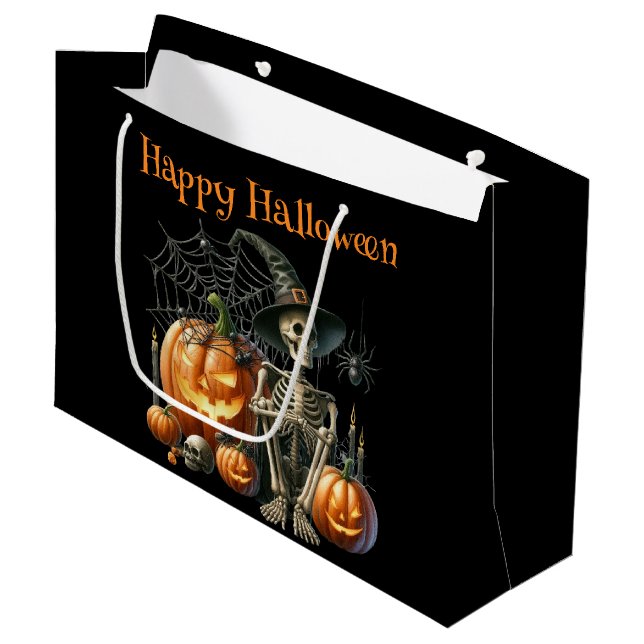 Skeleton Pumpkins Halloween-Geschenktasche Große Geschenktüte (Vorderseite Schrägansicht)