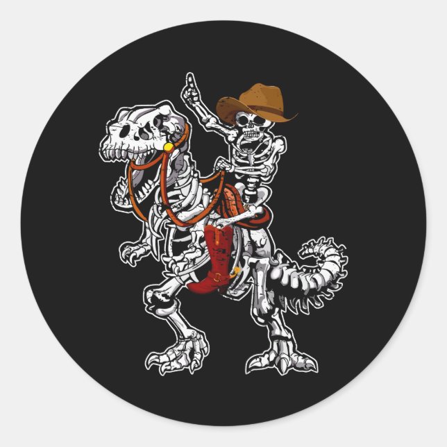 Skeleton Rides Dinosaurs Skeleton Cowboy Bone Hall Runder Aufkleber (Vorderseite)