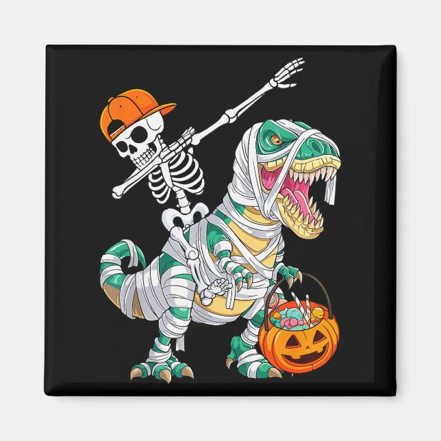 Skeleton Riding Dancing Dab Dinosaur T Rex Hallowe Magnet (Vorne)